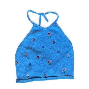Zara Blue Floral Embroidered Knit Halter Top Y2K